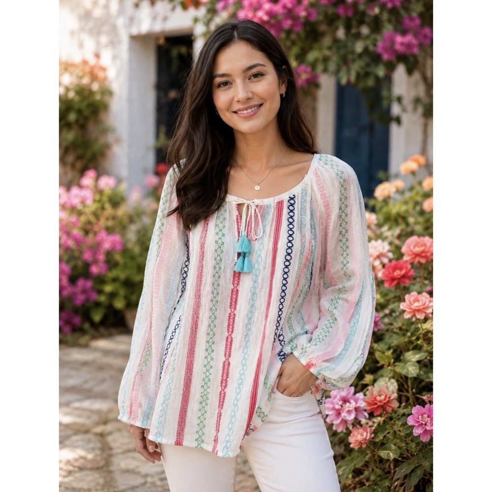 Anthropologie Payal Pratap Embroidered Peasant Tunic Top Women's XL Cream Boho